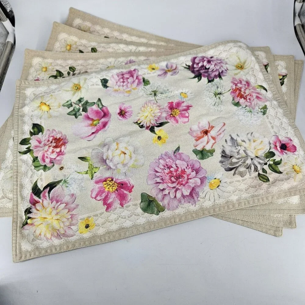 Maison D' Hermine Spring Pink Floral Cotton Placemats Set 4 Dining Table Decor